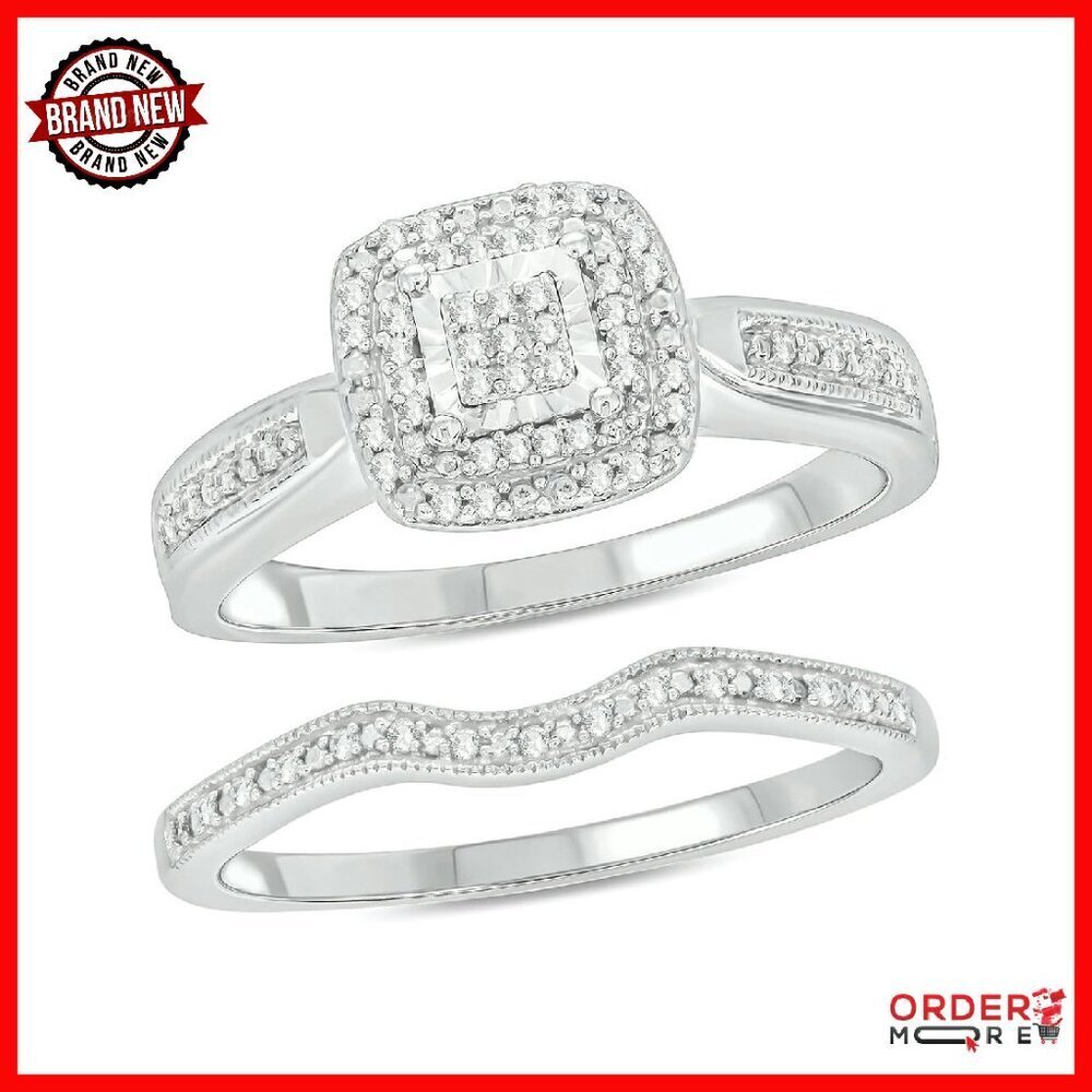 Sterling Silver Diamond Bridal Set, Size 7, Square Halo, Wedding Rings